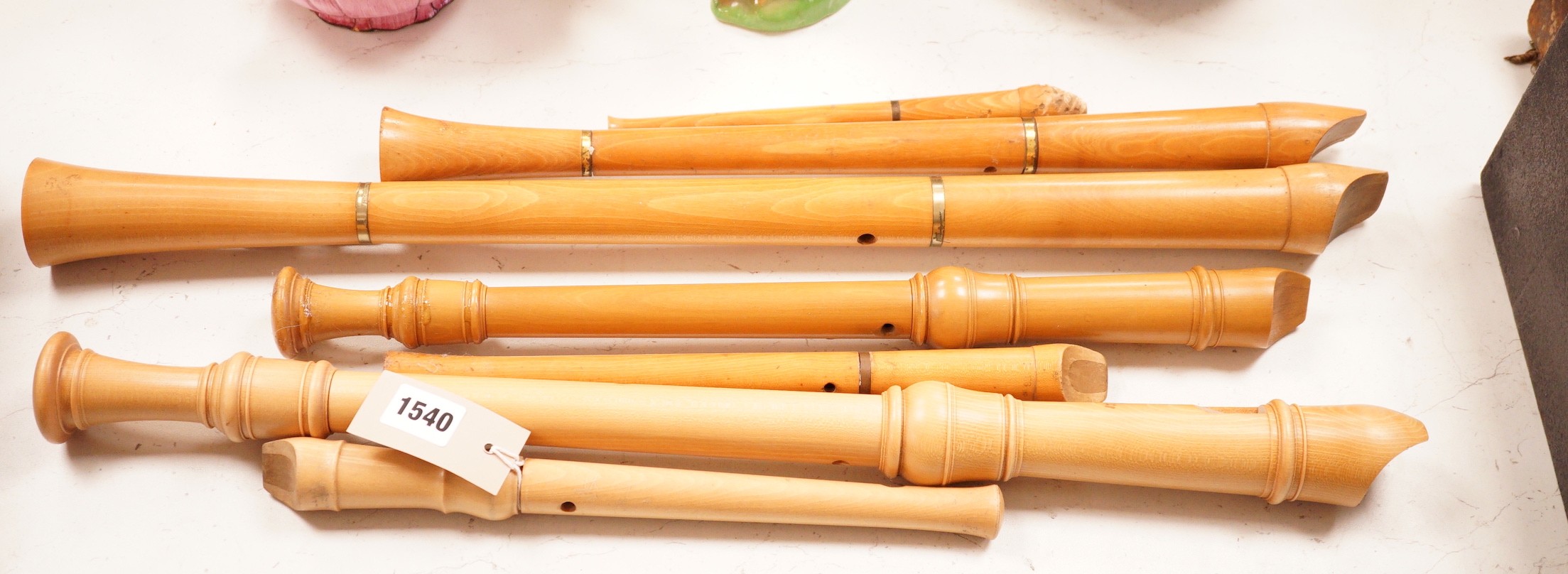 A group of seven recorder wind instruments